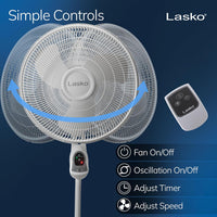 HKM-4574547 16 Inch Oscillating Adjustable Pedestal Stand Fan with Timer and Remote Control, White, Model 1646