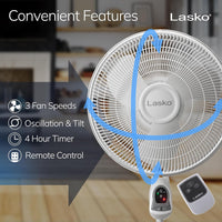 HKM-4574547 16 Inch Oscillating Adjustable Pedestal Stand Fan with Timer and Remote Control, White, Model 1646