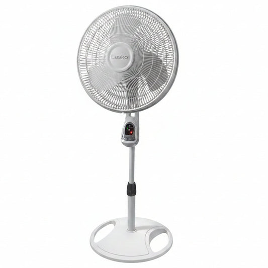 HKM-4574547 16 Inch Oscillating Adjustable Pedestal Stand Fan with Timer and Remote Control, White, Model 1646
