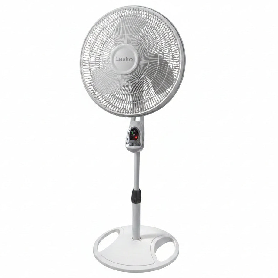 HKM-4574547 16 Inch Oscillating Adjustable Pedestal Stand Fan with Timer and Remote Control, White, Model 1646