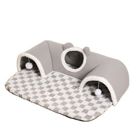 HKM-4575293 2-in-1 Cat Tunnel Bed and Play Cave for Kittens and Small Pets, Washable with Hanging Balls for Interactive Fun