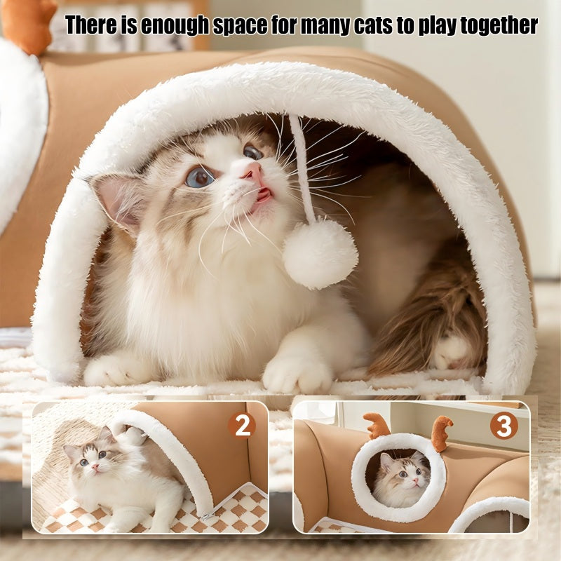HKM-4575293 2-in-1 Cat Tunnel Bed and Play Cave for Kittens and Small Pets, Washable with Hanging Balls for Interactive Fun