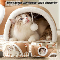 HKM-4575293 2-in-1 Cat Tunnel Bed and Play Cave for Kittens and Small Pets, Washable with Hanging Balls for Interactive Fun