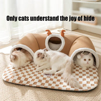 HKM-4575293 2-in-1 Cat Tunnel Bed and Play Cave for Kittens and Small Pets, Washable with Hanging Balls for Interactive Fun