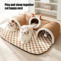 HKM-4575293 2-in-1 Cat Tunnel Bed and Play Cave for Kittens and Small Pets, Washable with Hanging Balls for Interactive Fun