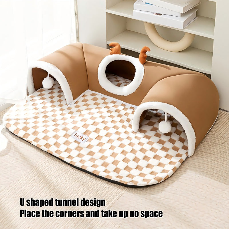 HKM-4575293 2-in-1 Cat Tunnel Bed and Play Cave for Kittens and Small Pets, Washable with Hanging Balls for Interactive Fun