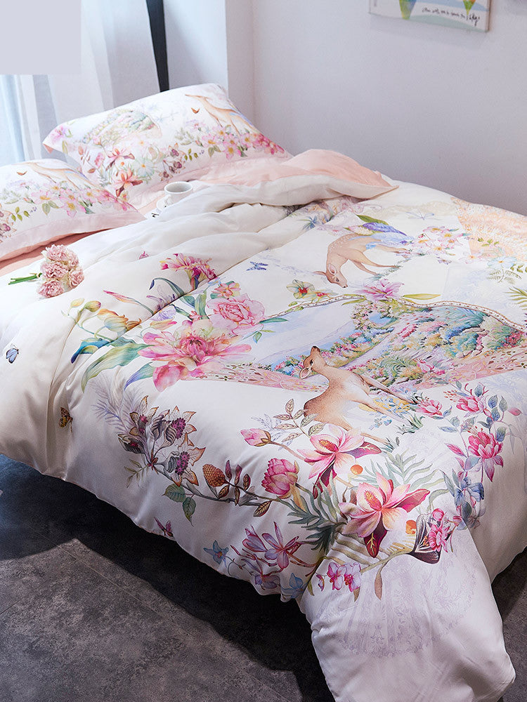 HKM-457555 Light Luxury Egyptian Long Staple Cotton Bed Set - Four Pieces, Pastoral Flower Print, Sizes for 1.5m to 2.0m Beds