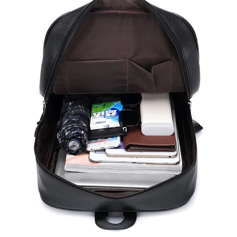 HKM-457619 Men's Pu Leather Casual Business Laptop Backpack with Multiple Compartments