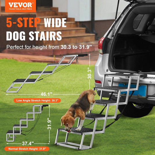HKM-4580285 Folding 5-Step Dog Stairs for Cars - Aluminum, Safe & Non-Slip Design, Supports Pets up to 150 lbs