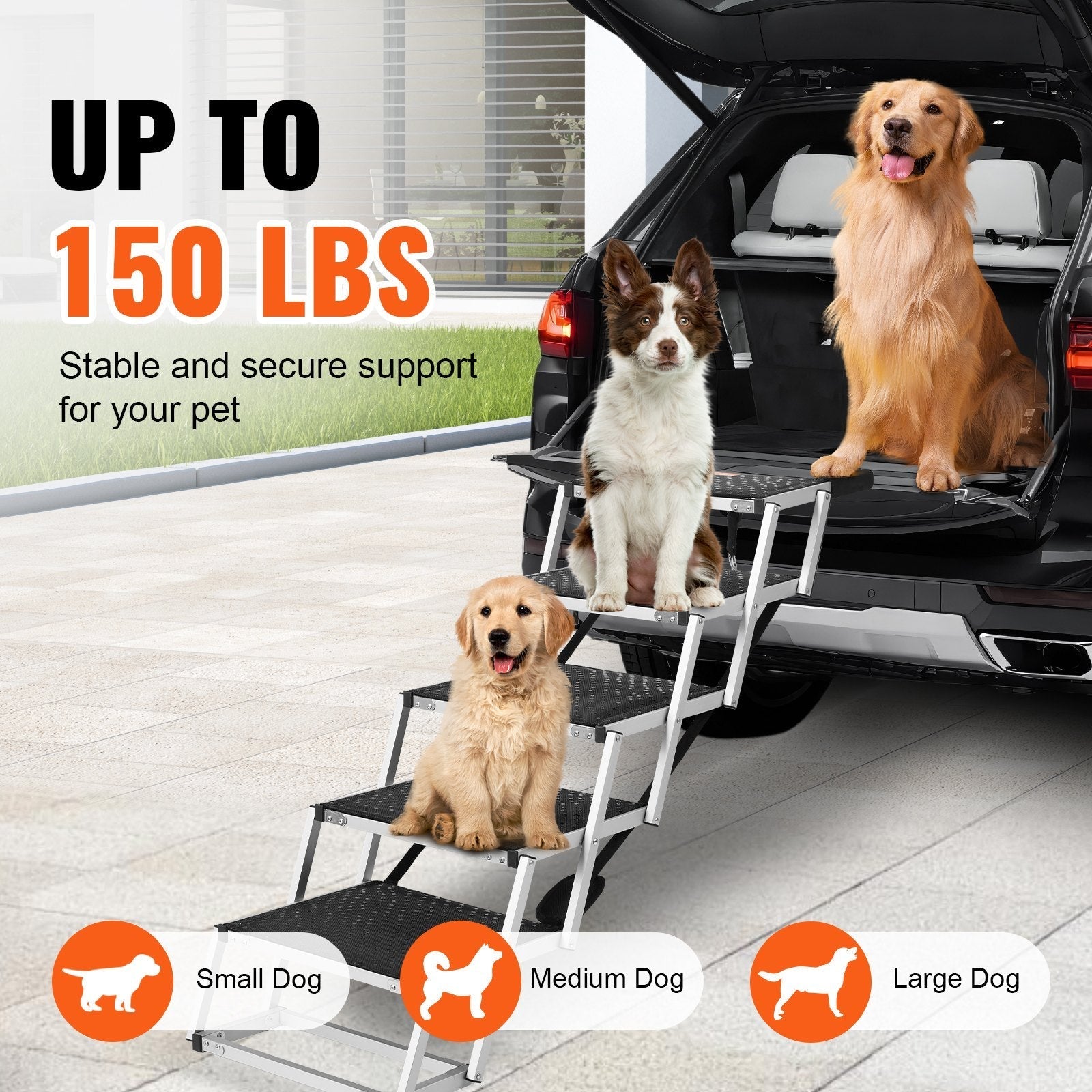 HKM-4580285 Folding 5-Step Dog Stairs for Cars - Aluminum, Safe & Non-Slip Design, Supports Pets up to 150 lbs