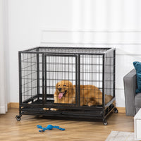 HKM-4586429 Heavy Duty 43" Dog Crate with Removable Tray, Lockable Wheels, Double Doors for Large Dogs