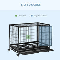 HKM-4586429 Heavy Duty 43" Dog Crate with Removable Tray, Lockable Wheels, Double Doors for Large Dogs