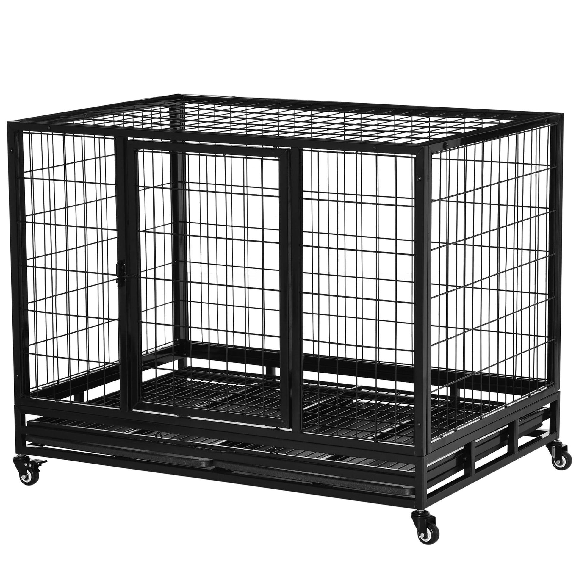 HKM-4586429 Heavy Duty 43" Dog Crate with Removable Tray, Lockable Wheels, Double Doors for Large Dogs