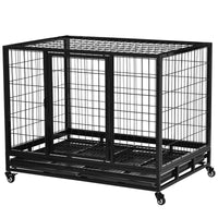 HKM-4586429 Heavy Duty 43" Dog Crate with Removable Tray, Lockable Wheels, Double Doors for Large Dogs