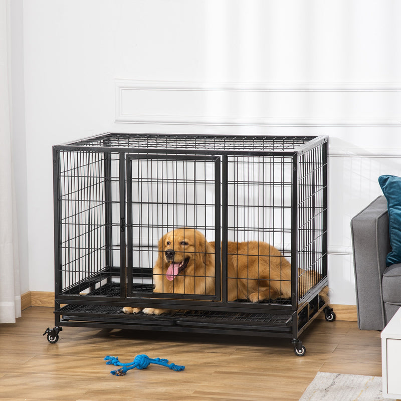 HKM-4586429 Heavy Duty 43" Dog Crate with Removable Tray, Lockable Wheels, Double Doors for Large Dogs