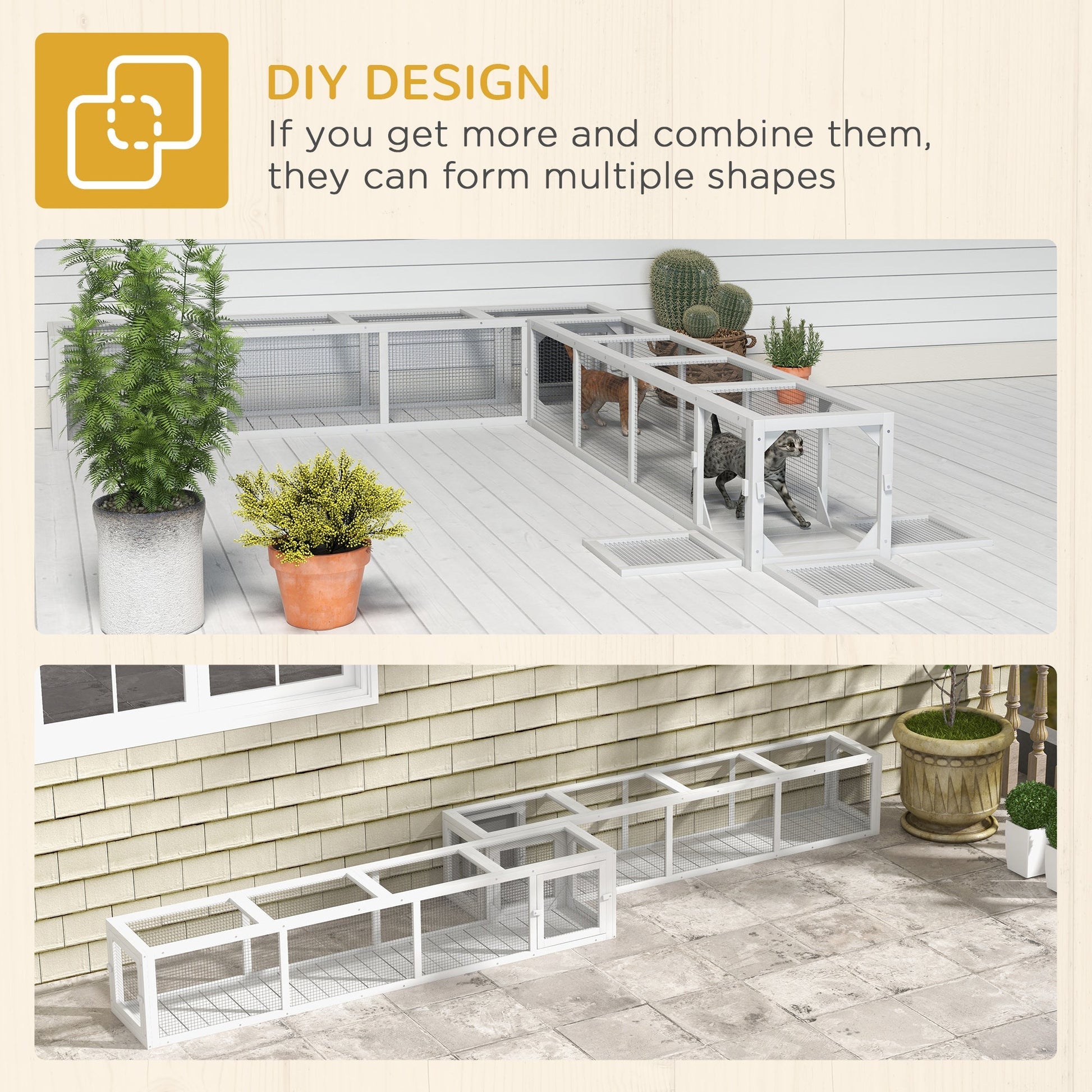 HKM-4586813 Wooden Cat Run with Weather Protection for Indoor and Outdoor Use, 79"L x 15"W x 15"H, White Finish