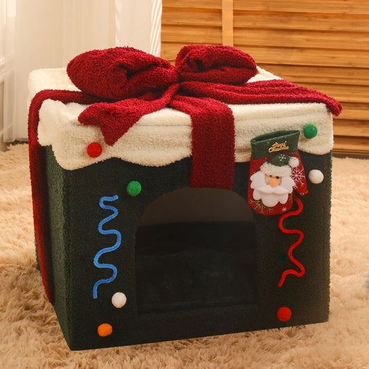 HKM-4592573 Cozy Christmas Gift Box Shaped Cat and Dog Nest, Warm Teddy Velvet Pet Bed