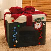 HKM-4592573 Cozy Christmas Gift Box Shaped Cat and Dog Nest, Warm Teddy Velvet Pet Bed