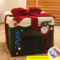 HKM-4592573 Cozy Christmas Gift Box Shaped Cat and Dog Nest, Warm Teddy Velvet Pet Bed