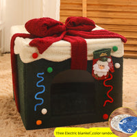 HKM-4592573 Cozy Christmas Gift Box Shaped Cat and Dog Nest, Warm Teddy Velvet Pet Bed