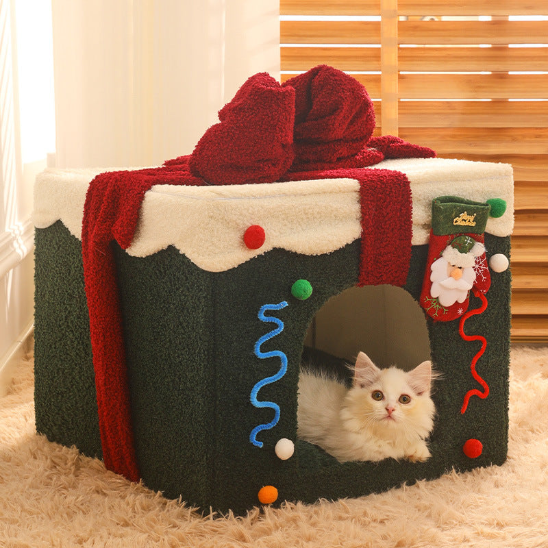 HKM-4592573 Cozy Christmas Gift Box Shaped Cat and Dog Nest, Warm Teddy Velvet Pet Bed