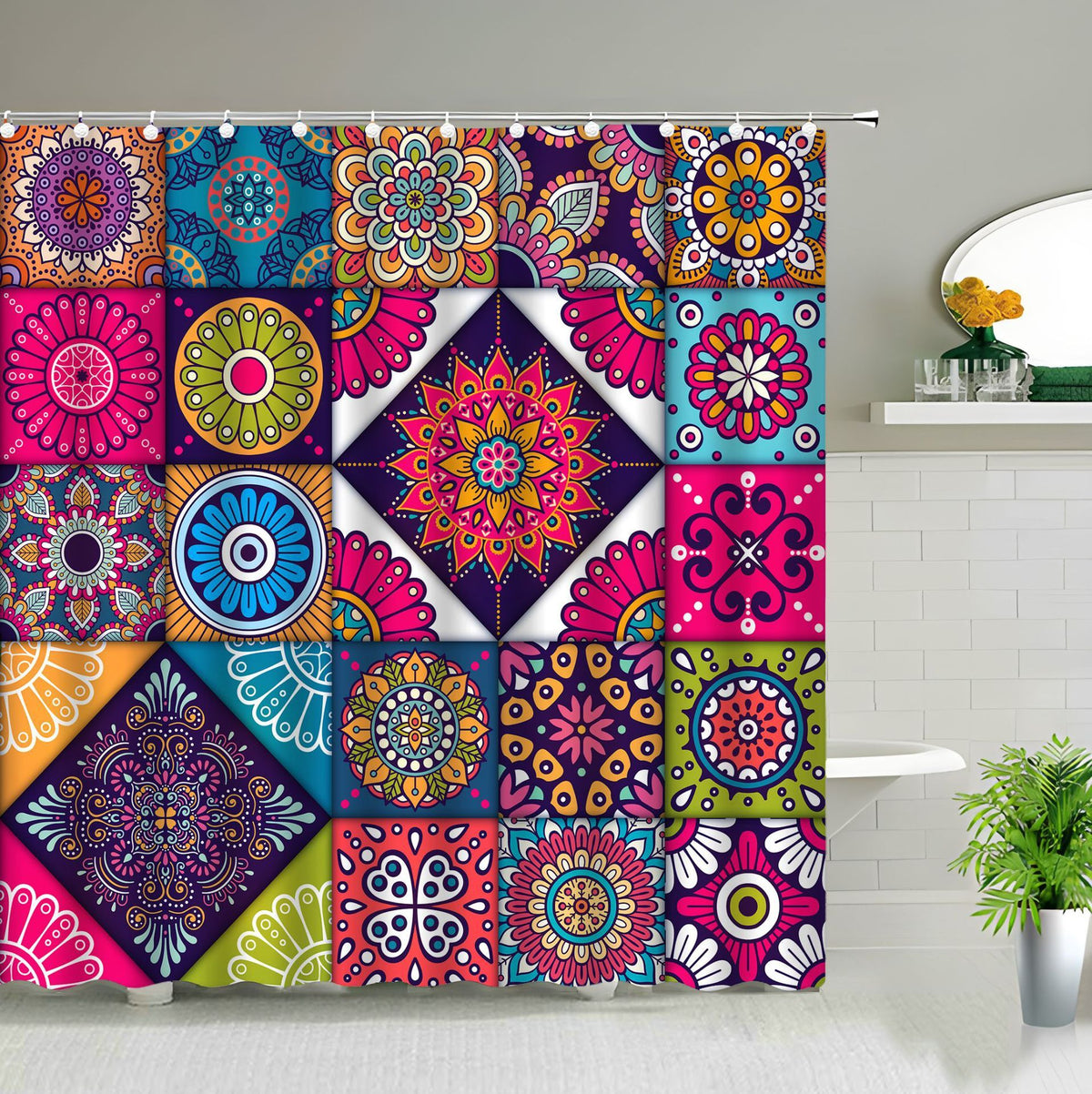 HKM-459539 Waterproof Indian Mandala Flower Print Polyester Shower Curtain