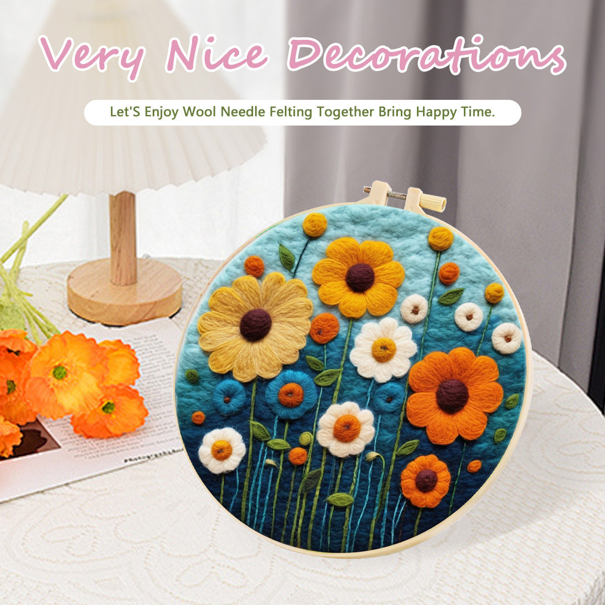 HKM-459795 Wool Felt Needle Painting Kit with Embroidery Frame – Flower and Leaf Patterns