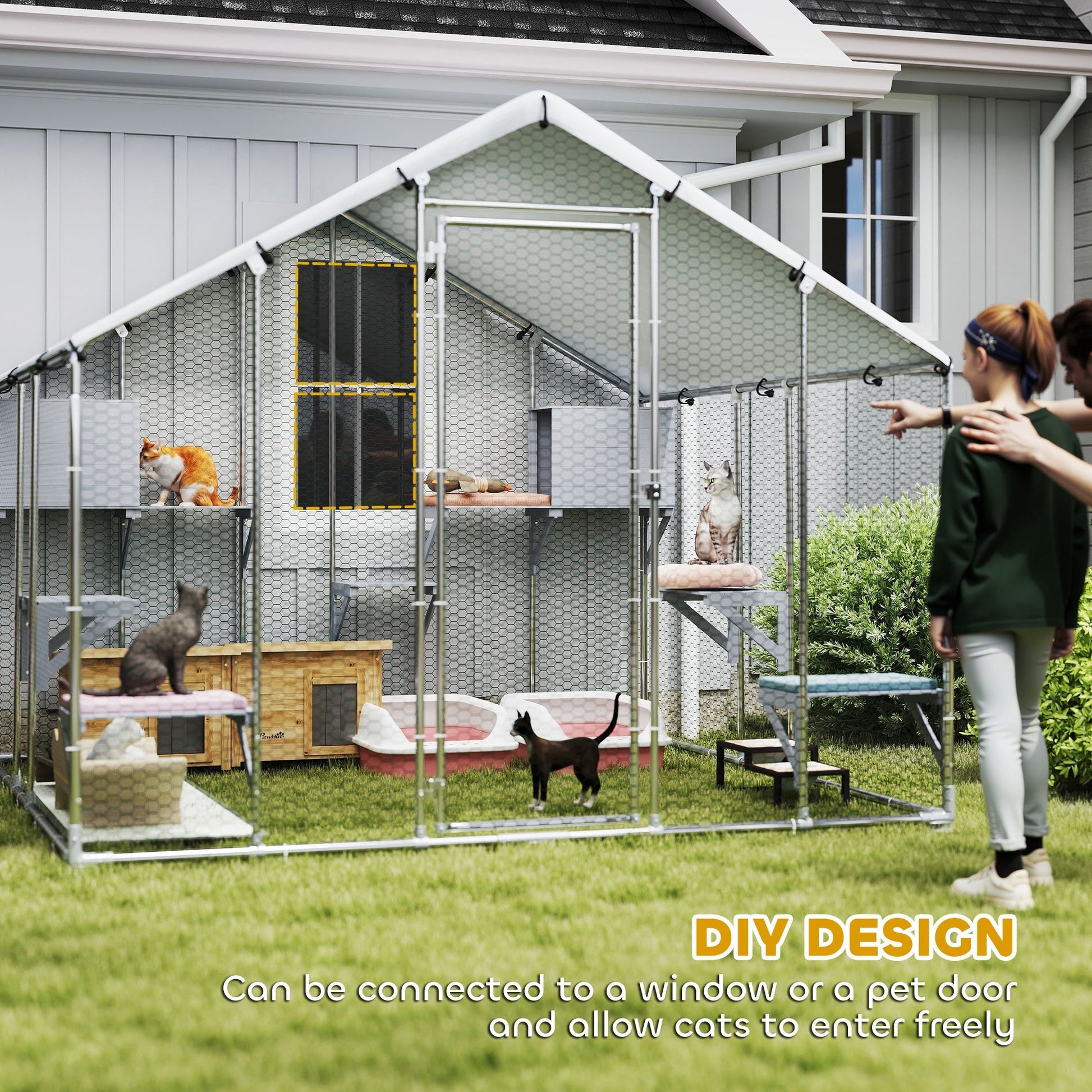 HKM-4598333 Extra Large Metal Outdoor Catio for Cats with Waterproof Cover, Resting Boxes, and Multiple Jumping Platforms