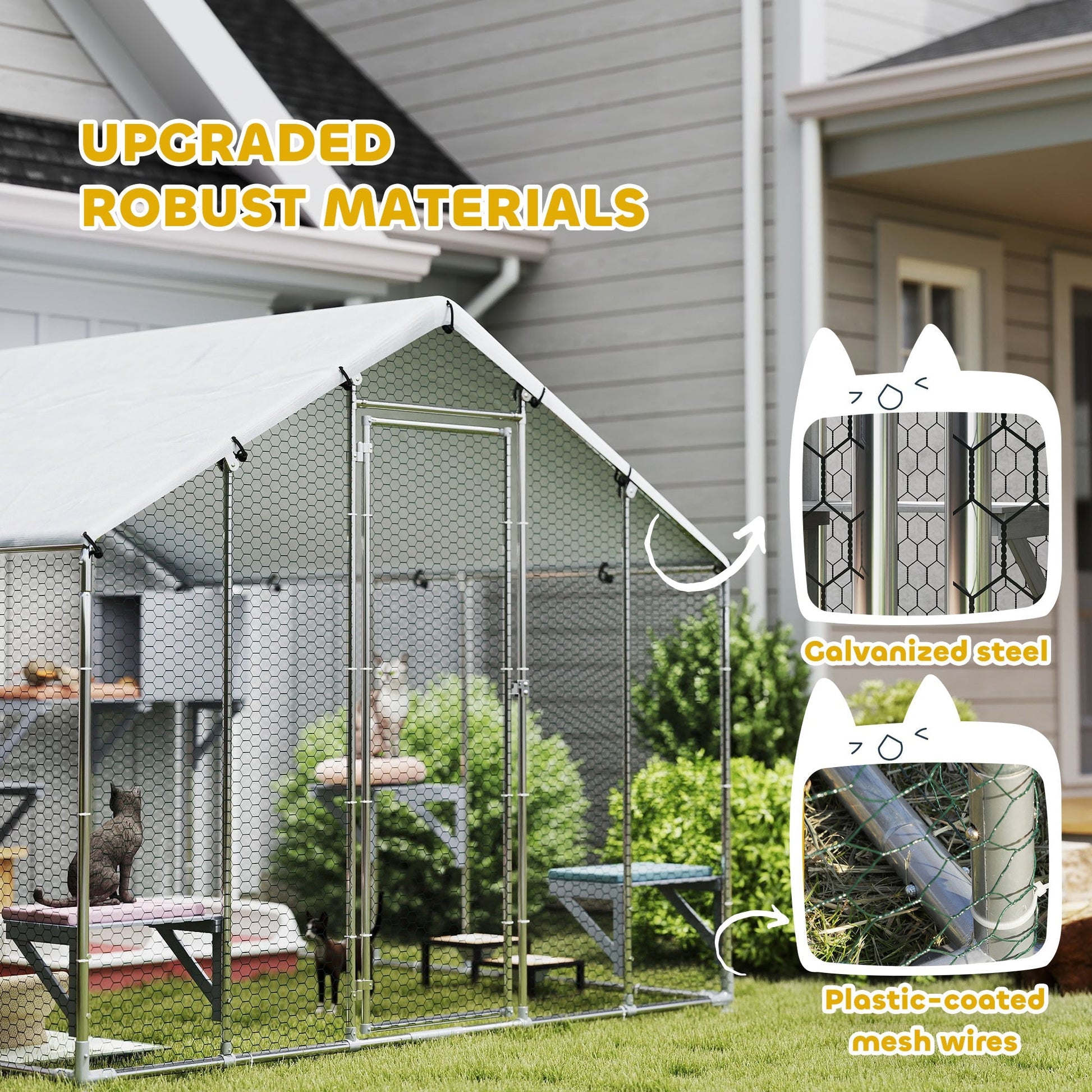 HKM-4598333 Extra Large Metal Outdoor Catio for Cats with Waterproof Cover, Resting Boxes, and Multiple Jumping Platforms