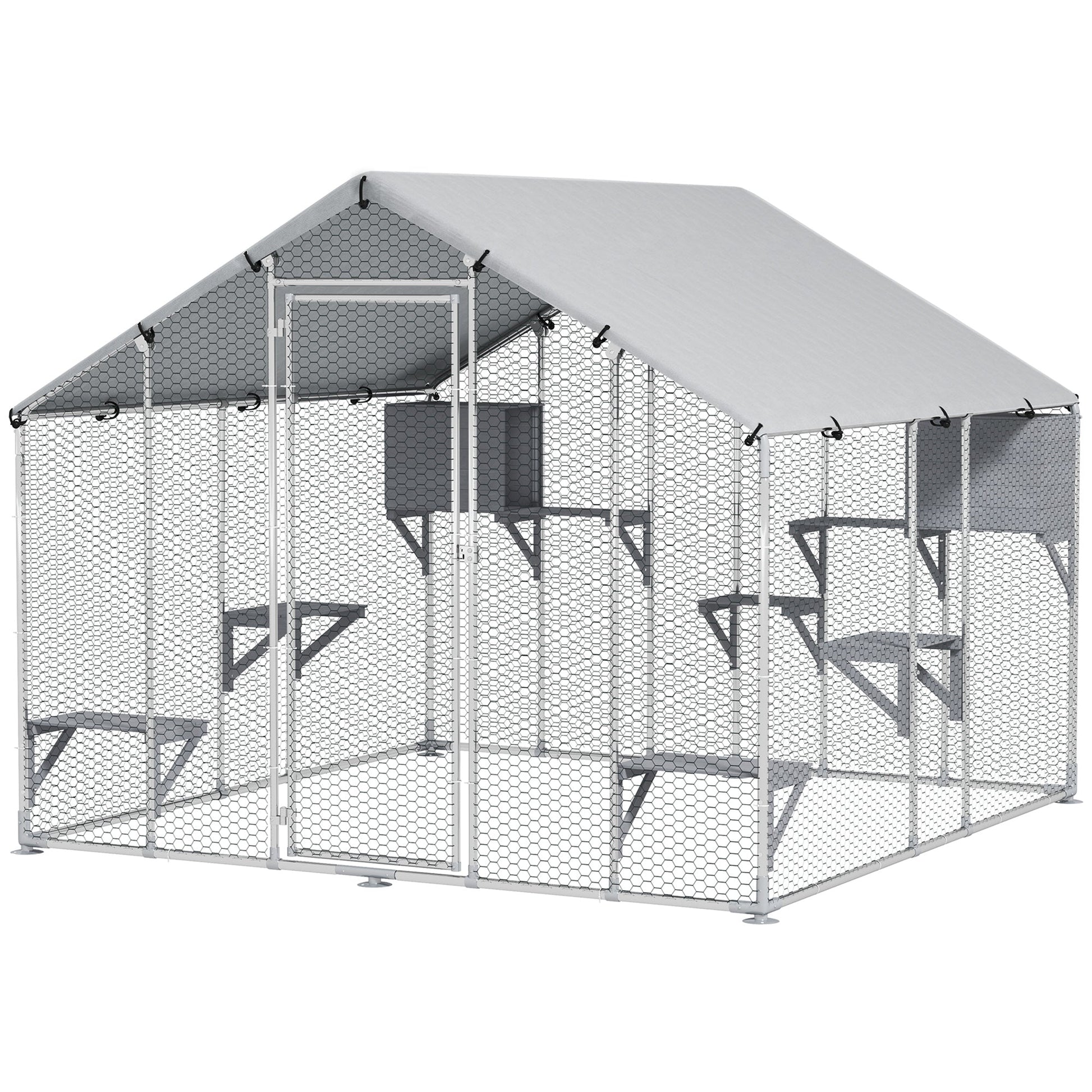 HKM-4598333 Extra Large Metal Outdoor Catio for Cats with Waterproof Cover, Resting Boxes, and Multiple Jumping Platforms