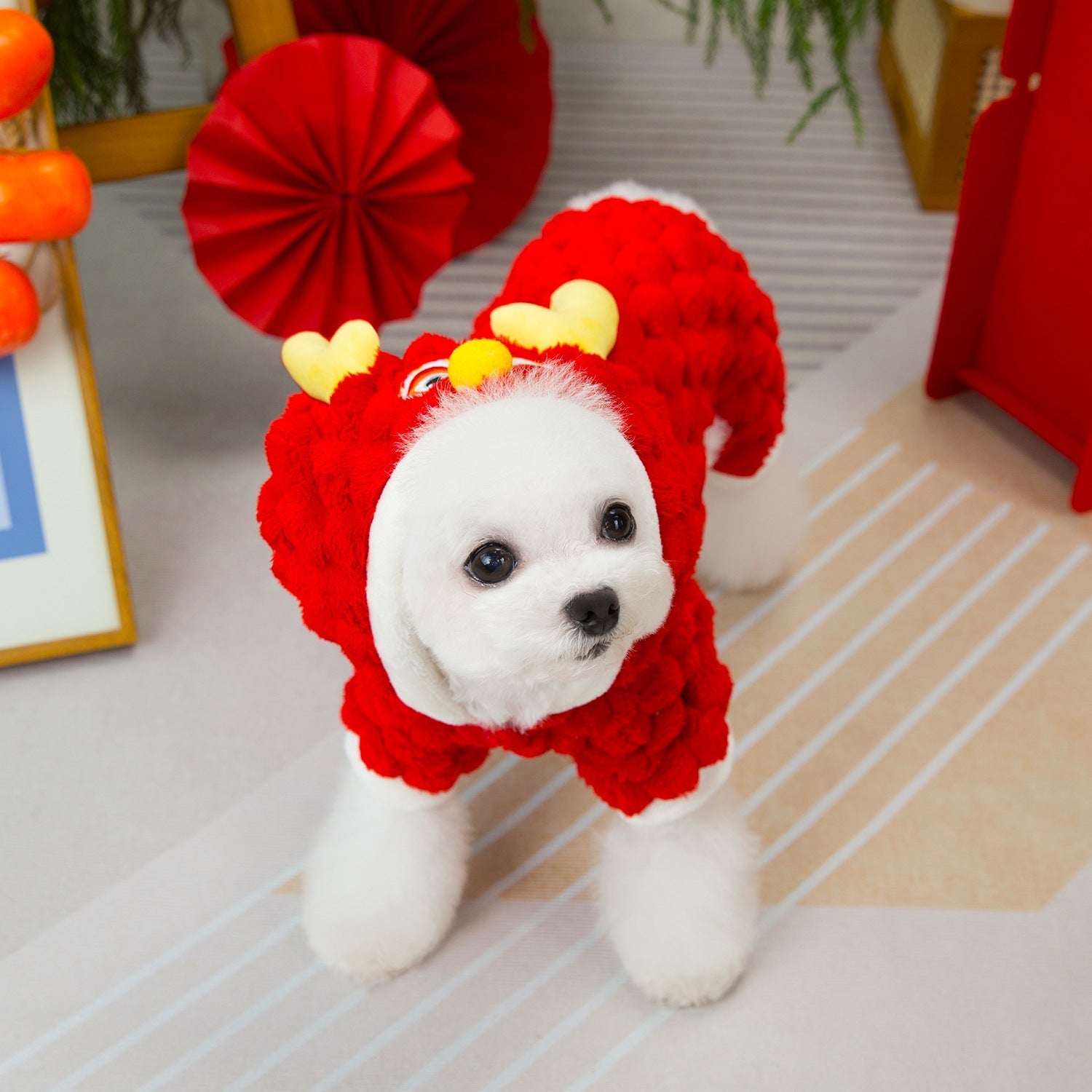 HKM-4598845 Double-Sided Velvet Fluffy Jacket for Pets - Cartoon Little Dragon Design in Red, Available in Multiple Sizes