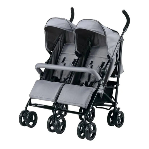 HKM-4601171 Side-by-Side Twin Umbrella Stroller with Dual Canopies Five-Point Harnesses Leg Rests and Under-Seat Basket