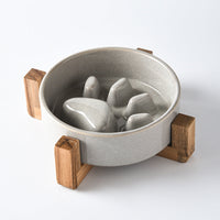 HKM-4604221 Japanese Style Medium Ceramic Pet Bowl for Cats and Dogs with Wooden Frame, 15.5cm