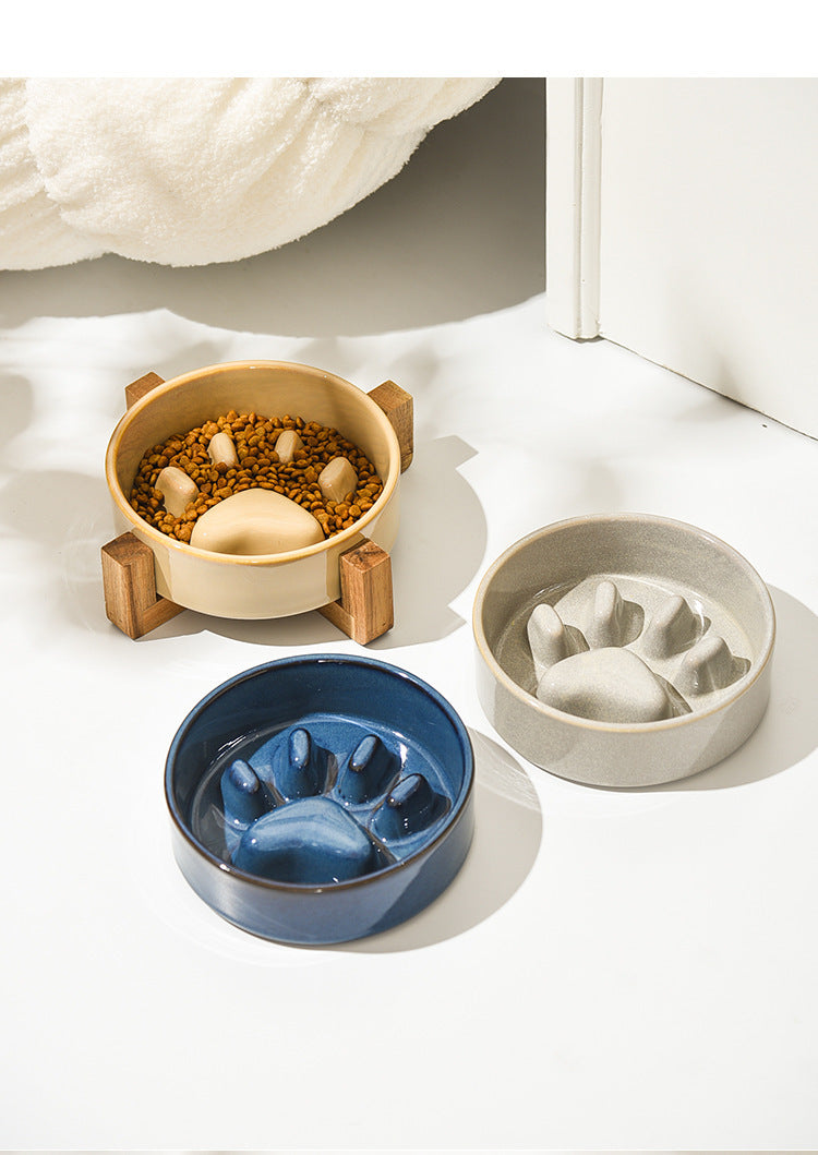 HKM-4604221 Japanese Style Medium Ceramic Pet Bowl for Cats and Dogs with Wooden Frame, 15.5cm