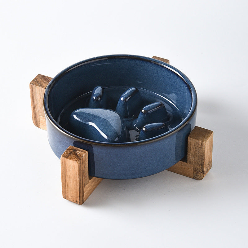 HKM-4604221 Japanese Style Medium Ceramic Pet Bowl for Cats and Dogs with Wooden Frame, 15.5cm