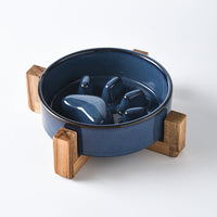 HKM-4604221 Japanese Style Medium Ceramic Pet Bowl for Cats and Dogs with Wooden Frame, 15.5cm