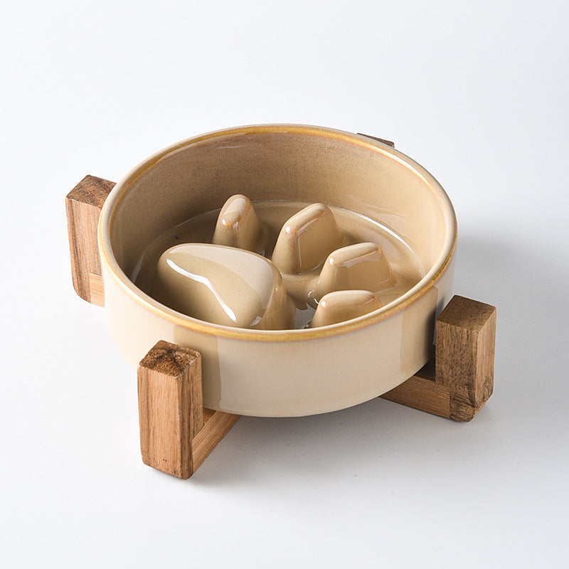 HKM-4604221 Japanese Style Medium Ceramic Pet Bowl for Cats and Dogs with Wooden Frame, 15.5cm