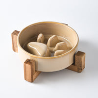 HKM-4604221 Japanese Style Medium Ceramic Pet Bowl for Cats and Dogs with Wooden Frame, 15.5cm