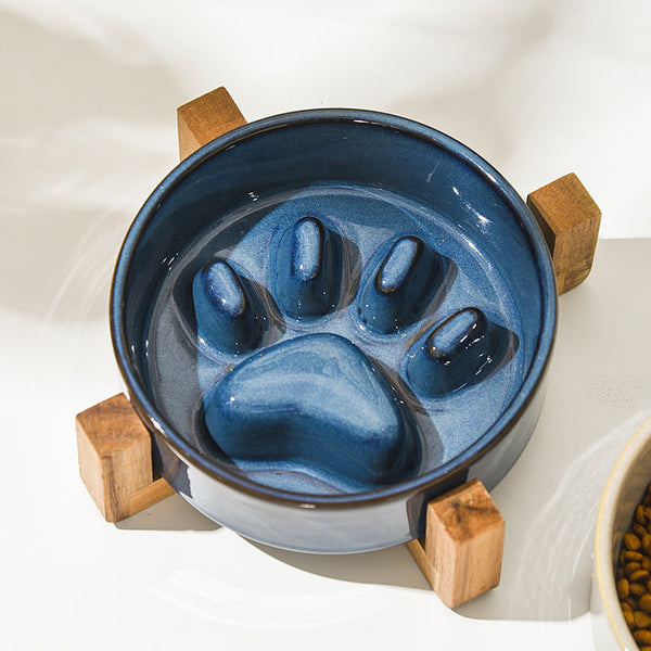 HKM-4604221 Japanese Style Medium Ceramic Pet Bowl for Cats and Dogs with Wooden Frame, 15.5cm