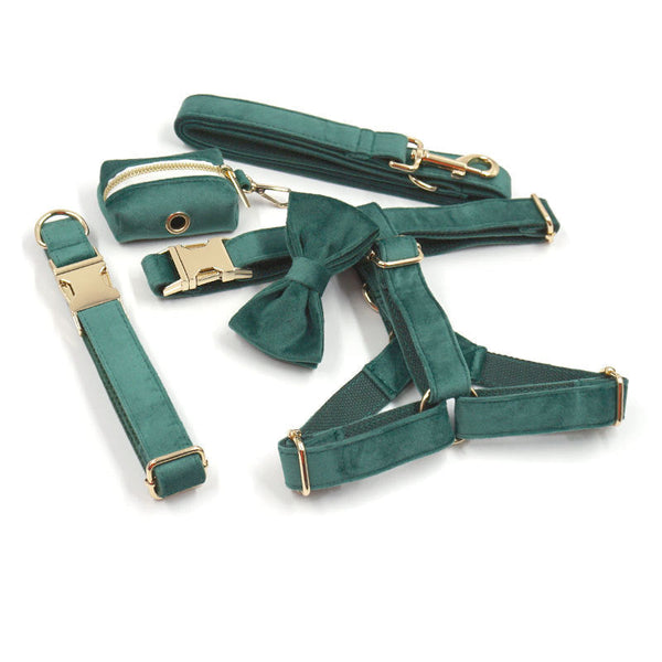 HKM-4605501 Christmas Green Velvet Dog Collar and Leash Set with Gold Buckle