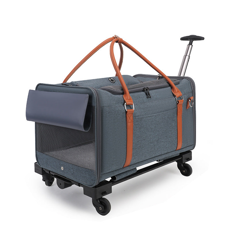 HKM-4606269 Portable Multifunctional Cat Carrier with Universal Wheels and Pull Rod - Soft Nylon Design