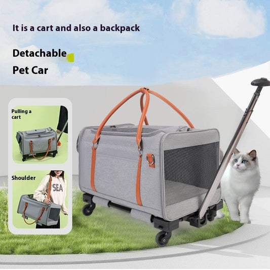 HKM-4606269 Portable Multifunctional Cat Carrier with Universal Wheels and Pull Rod - Soft Nylon Design