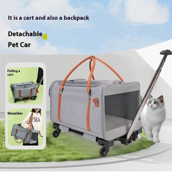 HKM-4606269 Portable Multifunctional Cat Carrier with Universal Wheels and Pull Rod - Soft Nylon Design