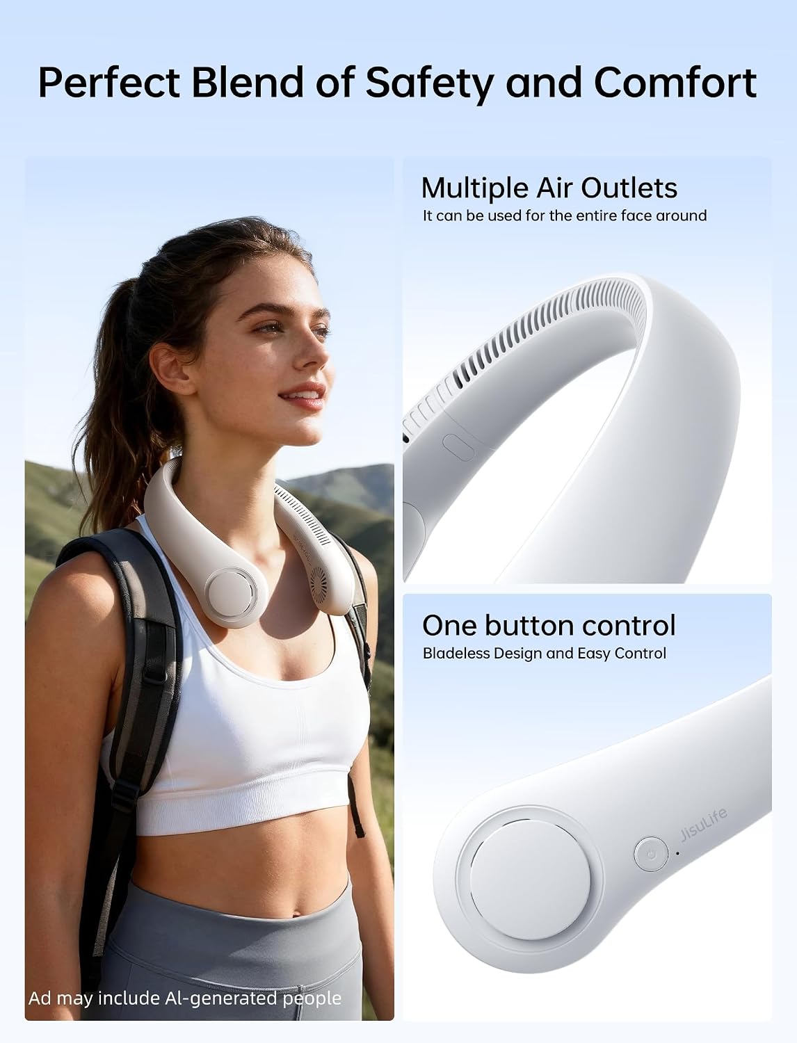 HKM-4607315 Portable Neck Fan, Hands-Free Bladeless Design, 5 Speed Settings, 4000 mAh Rechargeable Battery, Lightweight and Comfortable, Ideal for Outdoor Activities and Travel, Grey