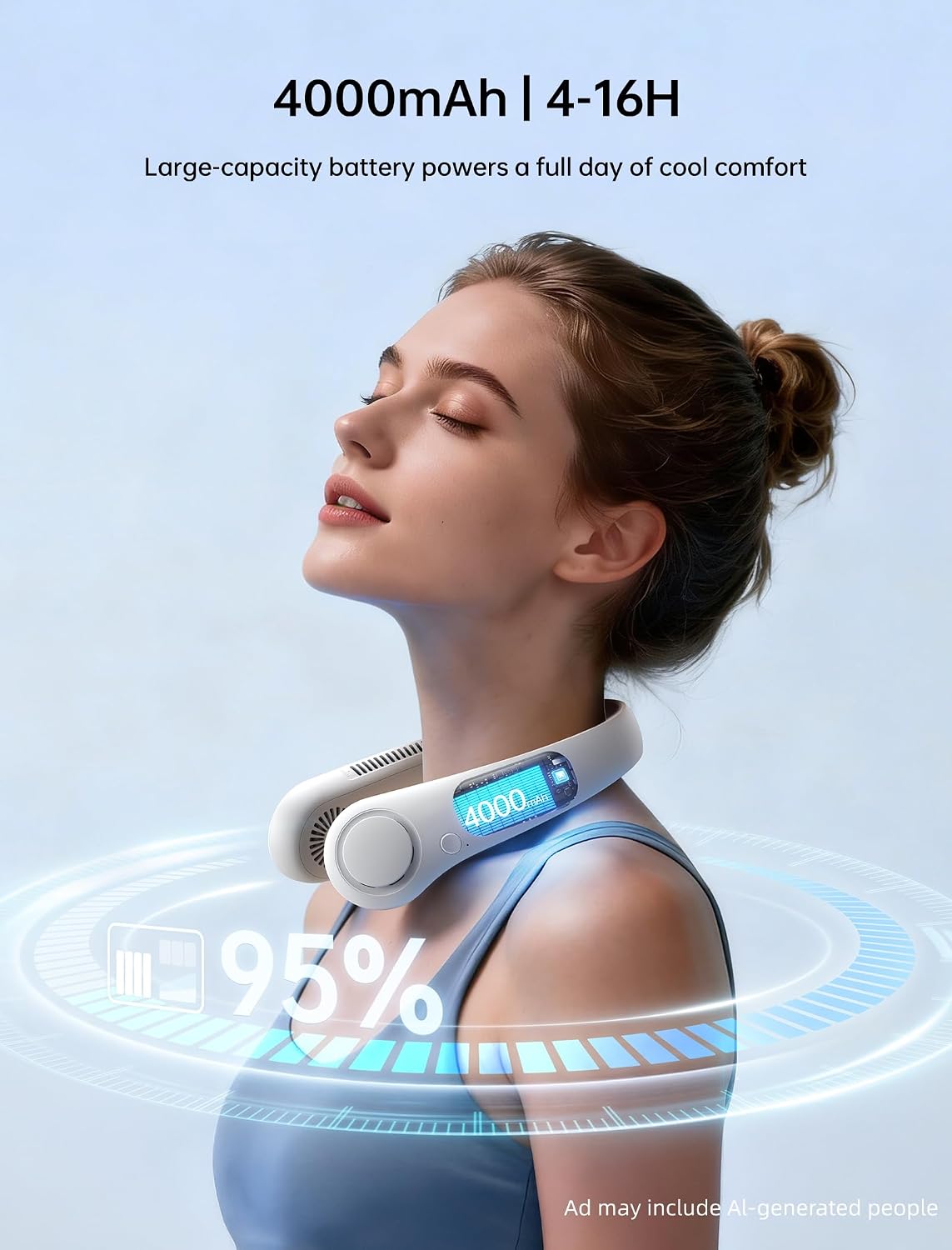HKM-4607315 Portable Neck Fan, Hands-Free Bladeless Design, 5 Speed Settings, 4000 mAh Rechargeable Battery, Lightweight and Comfortable, Ideal for Outdoor Activities and Travel, Grey