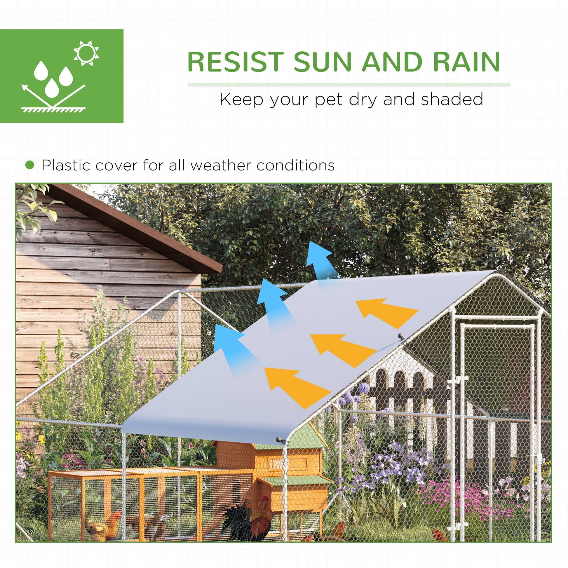 HKM-4607677 Metal Chicken Run with Cover and Lockable Door for Outdoor Use, Ideal for Small Animals, 10' x 13' x 6.5'