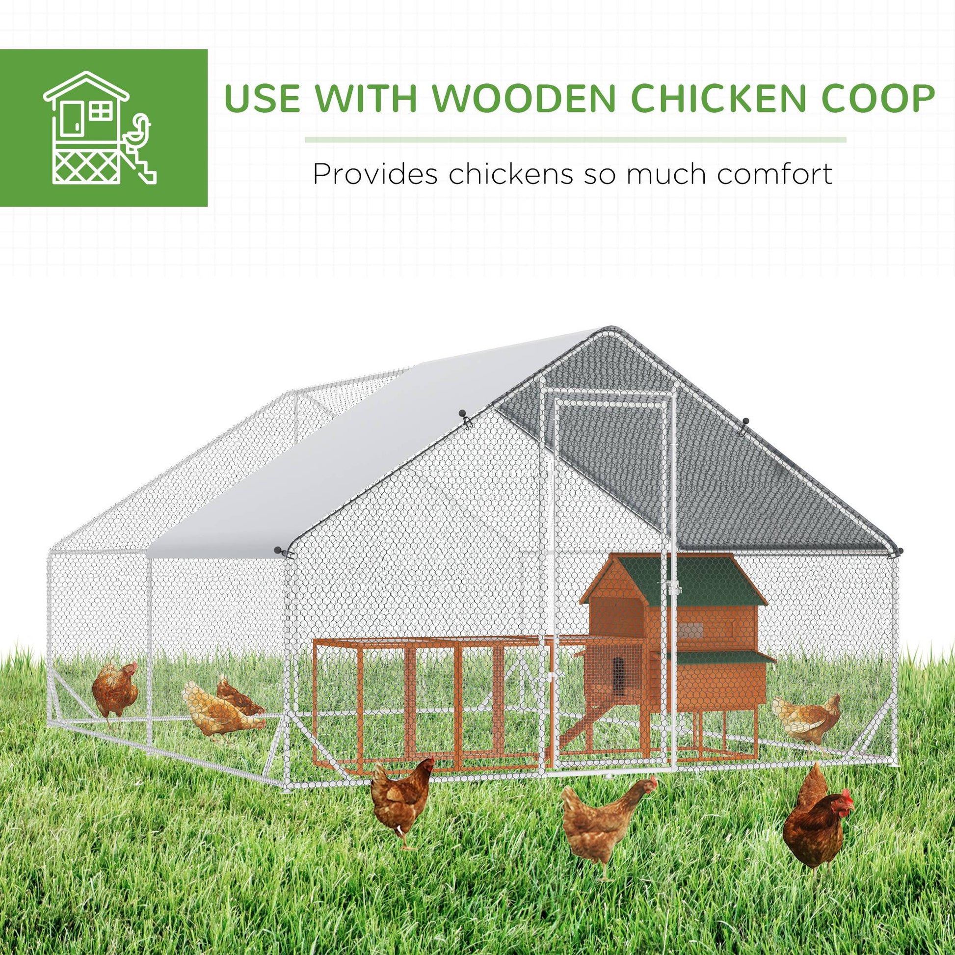 HKM-4607677 Metal Chicken Run with Cover and Lockable Door for Outdoor Use, Ideal for Small Animals, 10' x 13' x 6.5'