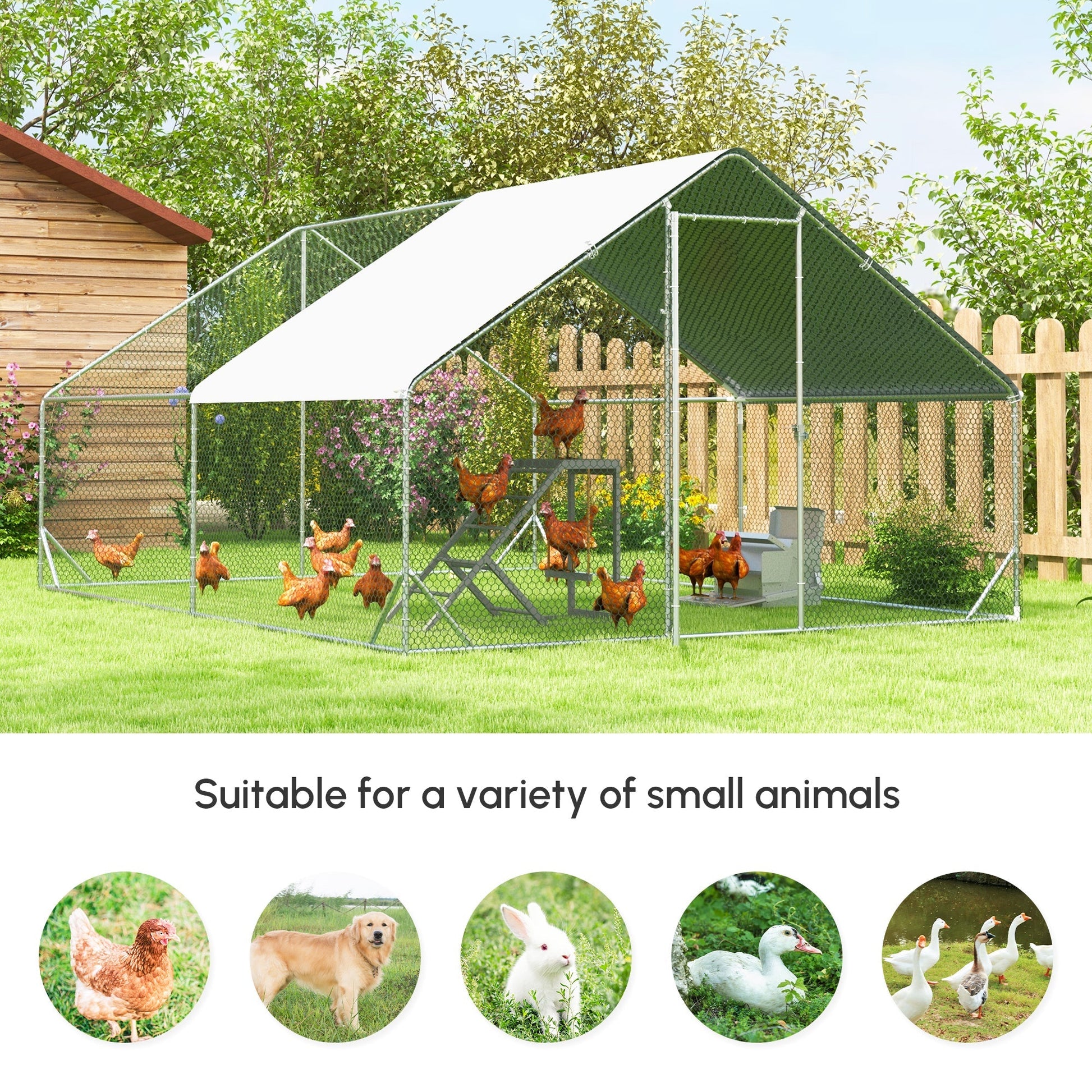 HKM-4607677 Metal Chicken Run with Cover and Lockable Door for Outdoor Use, Ideal for Small Animals, 10' x 13' x 6.5'
