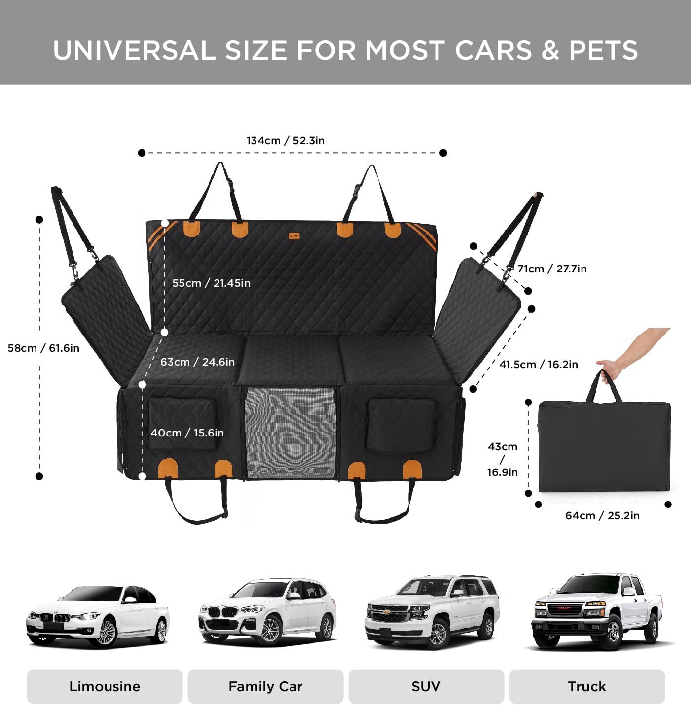 HKM-4611645 Dog Car Back Seat Cover with Waterproof, Non-Slip Design, 400 lbs Weight Capacity, 8-Layer Hard Bottom, Easy Installation and Cleaning