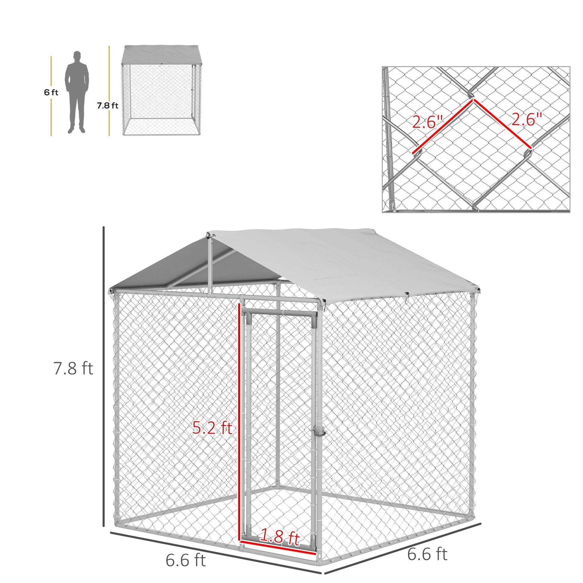 HKM-4613437 Outdoor Dog Kennel for Small to Medium Dogs with Waterproof Roof - 6.6' x 6.6' x 7.8' Silver, Heavy-Duty Steel Construction